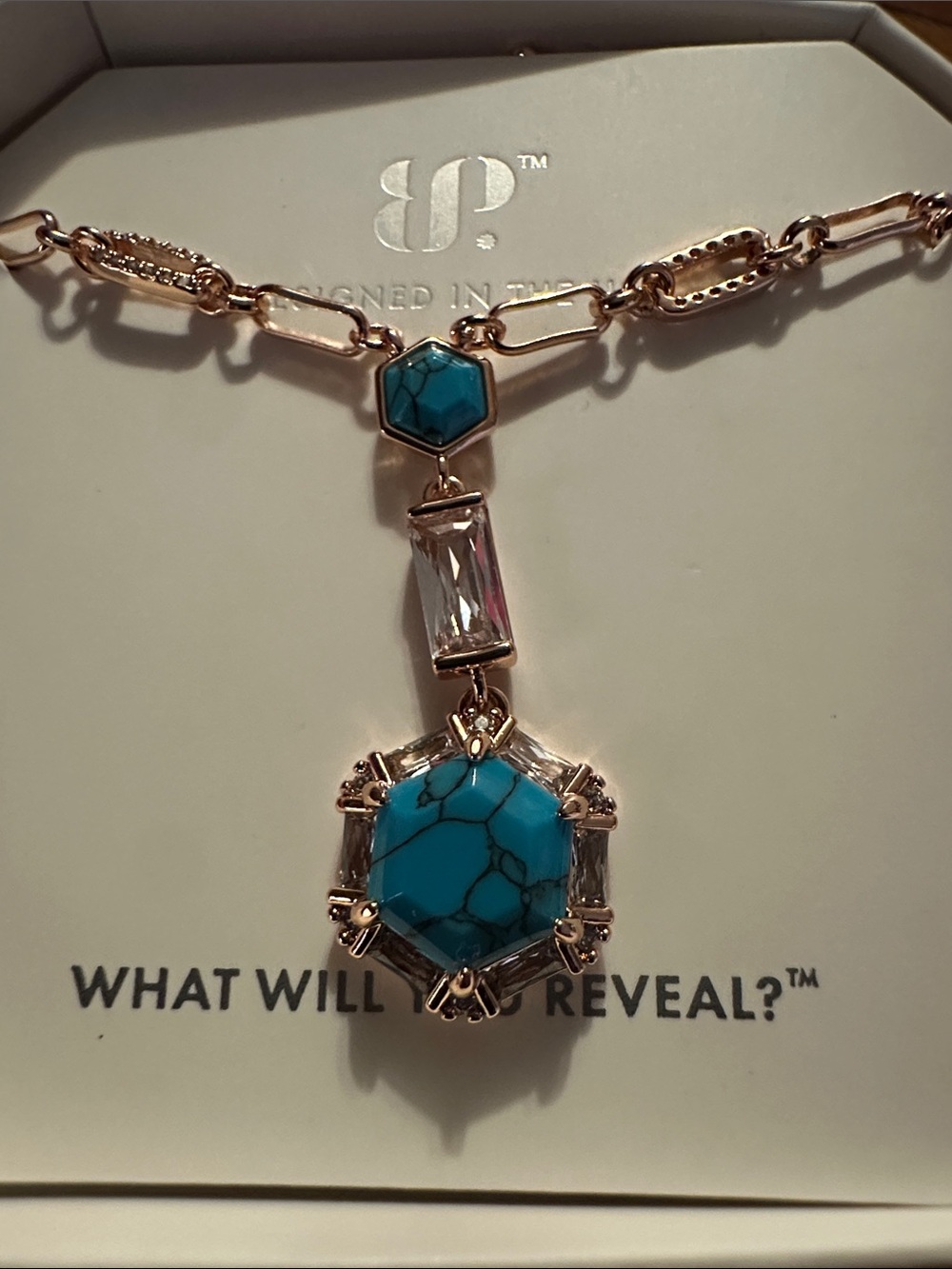 bp Gold-Tone Necklace with Turquoise and Clear Stone Pendant